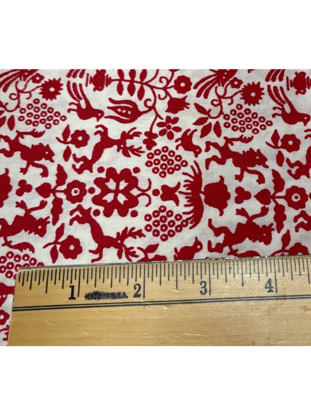 Red & Cream Cotton Fabric Folk Animal Pattern 1/2 yard x 44" - Picture 2 of 13